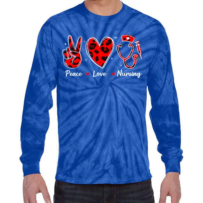 Peace Love Nursing Nurse Leopard Heart Print Stethoscope Red Cute Gift Tie-Dye Long Sleeve Shirt