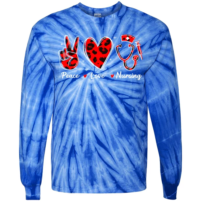 Peace Love Nursing Nurse Leopard Heart Print Stethoscope Red Cute Gift Tie-Dye Long Sleeve Shirt