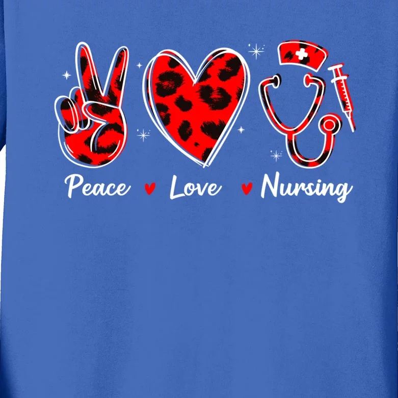 Peace Love Nursing Nurse Leopard Heart Print Stethoscope Red Cute Gift Kids Long Sleeve Shirt