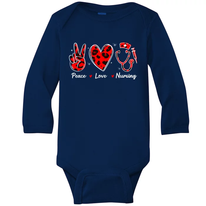 Peace Love Nursing Nurse Leopard Heart Print Stethoscope Red Cute Gift Baby Long Sleeve Bodysuit