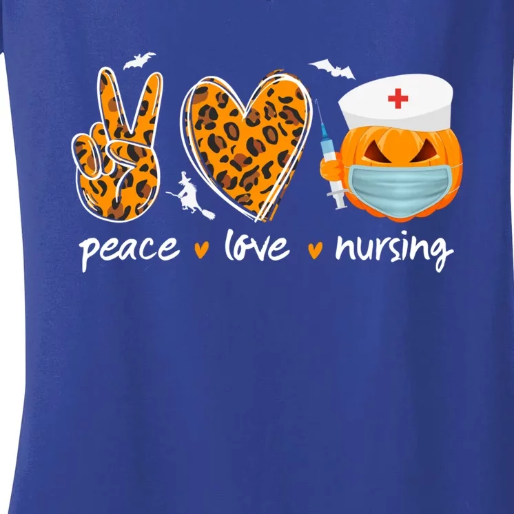 Peace Love Nursing Nurse Pumpkin Halloween Leopard Gift Women's V-Neck T-Shirt