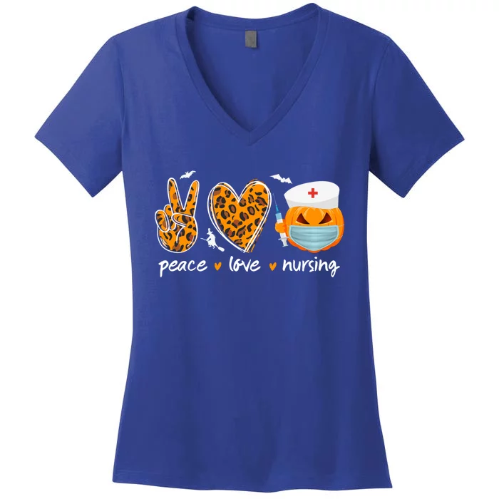 Peace Love Nursing Nurse Pumpkin Halloween Leopard Gift Women's V-Neck T-Shirt