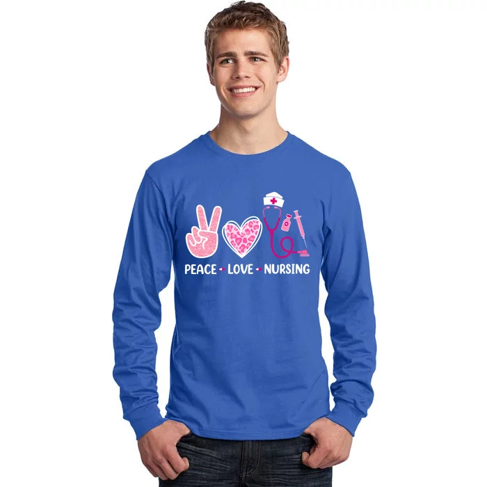 Peace Love Nursing Peace Hand Stethoscope Cute Nurse Leopard Cool Gift Tall Long Sleeve T-Shirt