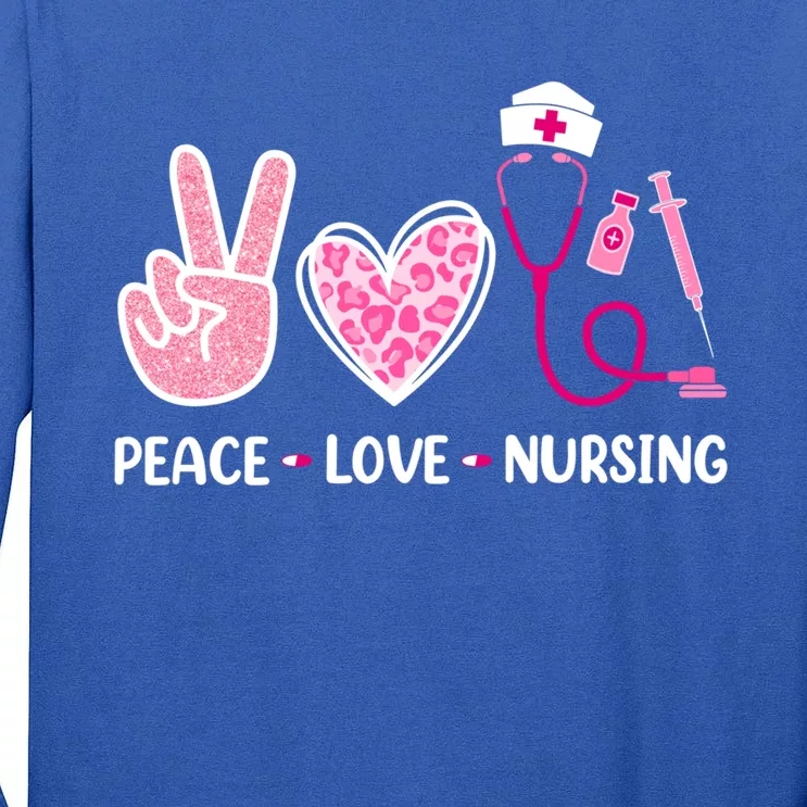 Peace Love Nursing Peace Hand Stethoscope Cute Nurse Leopard Cool Gift Tall Long Sleeve T-Shirt