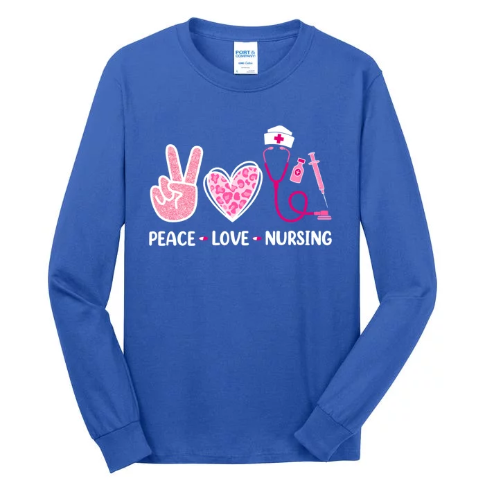 Peace Love Nursing Peace Hand Stethoscope Cute Nurse Leopard Cool Gift Tall Long Sleeve T-Shirt