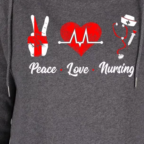 Peace Love Nursing Proud Nurse Front Liner Healthcare Worker Gift Womens Funnel Neck Pullover Hood