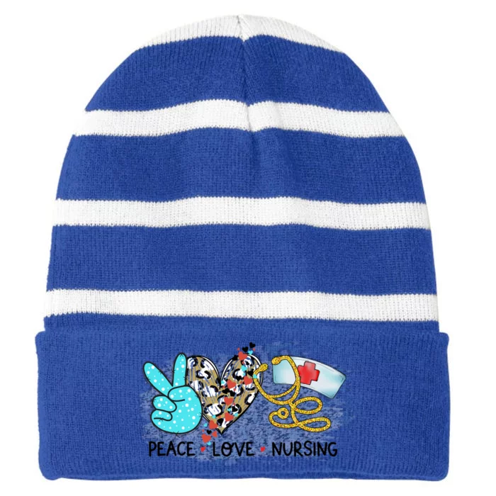 Peace Love Nursing Valentine Nurse Valentines Heart Nurses Gift Striped Beanie with Solid Band