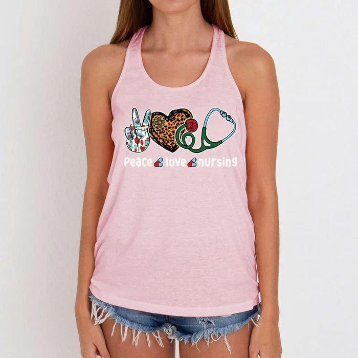 Peace Love Nursing Nurse Life Leopard Stethoscope Heart Gift Women's Knotted Racerback Tank