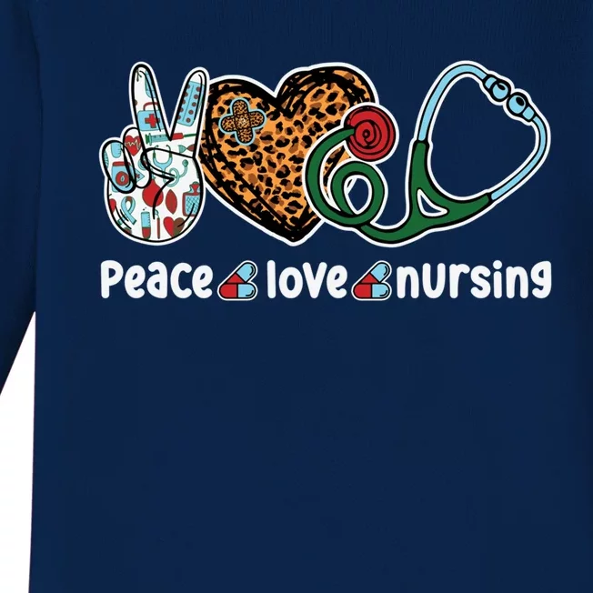 Peace Love Nursing Nurse Life Leopard Stethoscope Heart Gift Baby Long Sleeve Bodysuit