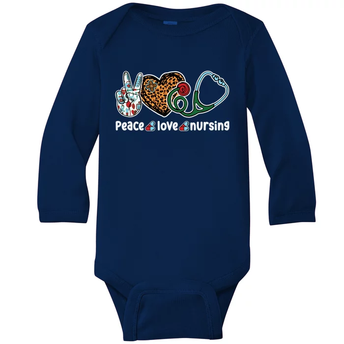 Peace Love Nursing Nurse Life Leopard Stethoscope Heart Gift Baby Long Sleeve Bodysuit