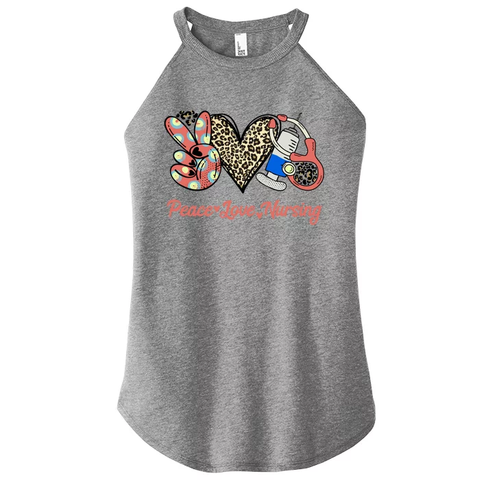 Peace Love Nursing Care About People Love Heart Leopard Rn Gift Women’s Perfect Tri Rocker Tank