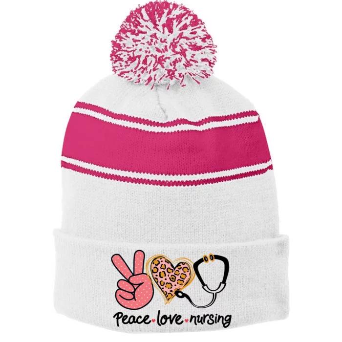 Peace Love Nursing Leopard Heart Nurse Custom Gift Pajama Gift Stripe Pom Pom Beanie