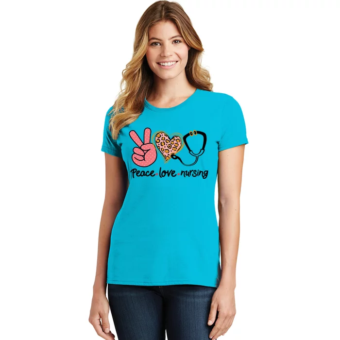 Peace Love Nursing Leopard Heart Nurse Custom Gift Pajama Gift Women's T-Shirt