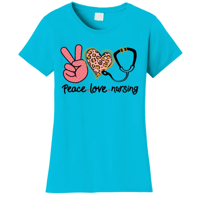 Peace Love Nursing Leopard Heart Nurse Custom Gift Pajama Gift Women's T-Shirt