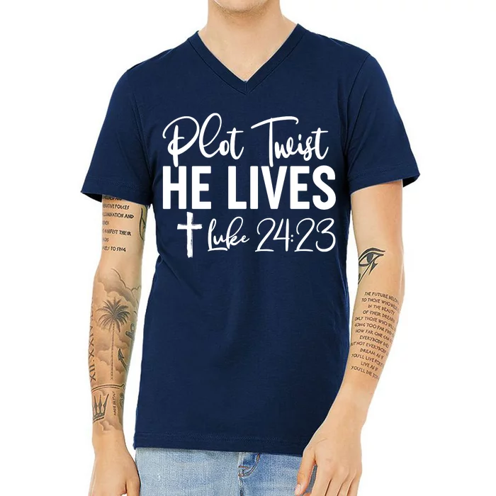 Plot Twist He Lives Luke 24:23 V-Neck T-Shirt