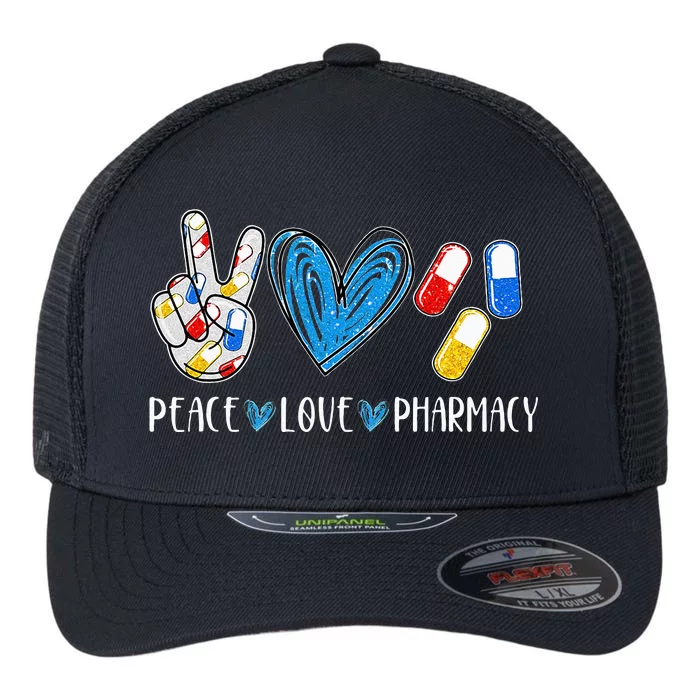 Peace Love Pharmacy Funny Pharmacy Tech Pharmacist Flexfit Unipanel Trucker Cap