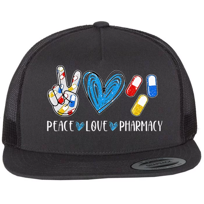 Peace Love Pharmacy Funny Pharmacy Tech Pharmacist Flat Bill Trucker Hat