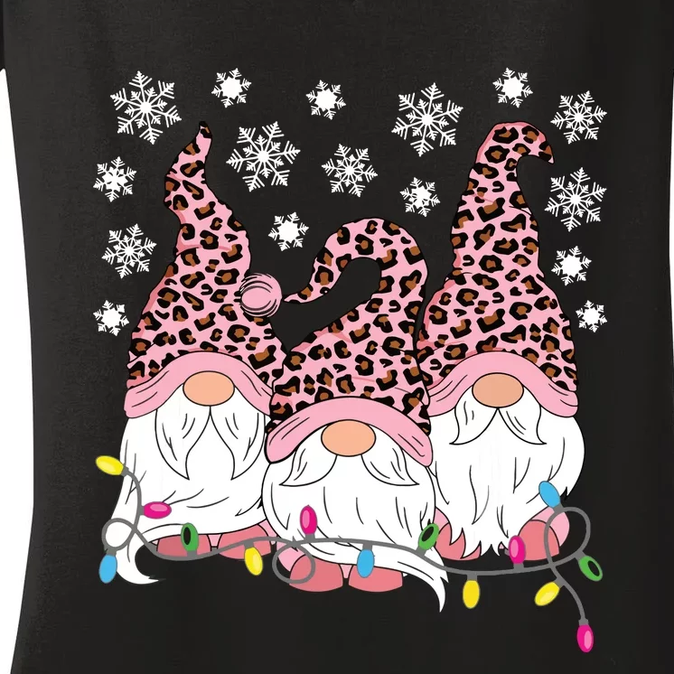 Pink Leopard Print Gnomes Xmas Christmas Gnome Women Girls Women's V-Neck T-Shirt