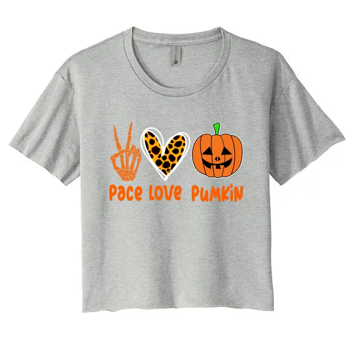 Pace Love Pumkin Halloween Love Heart Skeleton Peace Pumpkins Women's Crop Top Tee