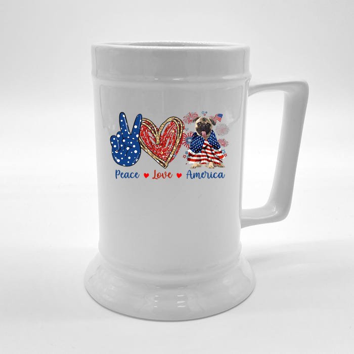 Peace Love Pug Dog Patriotic America Flag 4th July Cool Gift Front & Back Beer Stein