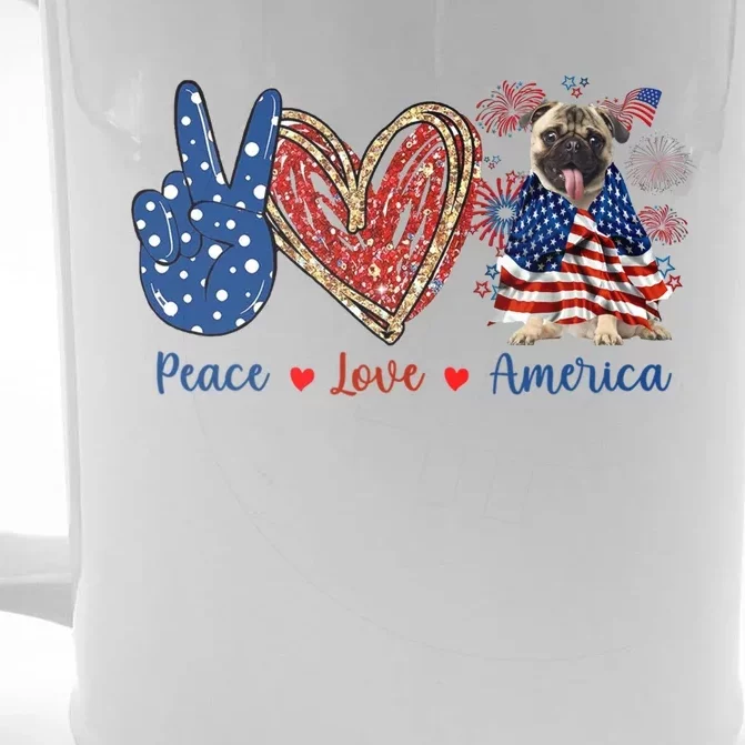 Peace Love Pug Dog Patriotic America Flag 4th July Cool Gift Front & Back Beer Stein