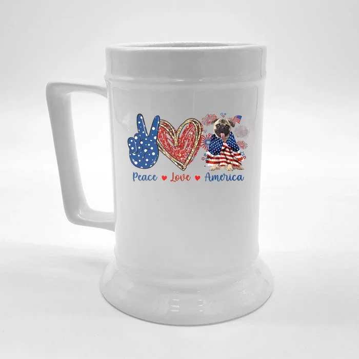 Peace Love Pug Dog Patriotic America Flag 4th July Cool Gift Front & Back Beer Stein