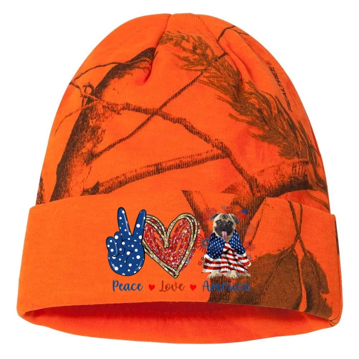 Peace Love Pug Dog Patriotic America Flag 4th July Gift Kati - 12in Camo Beanie