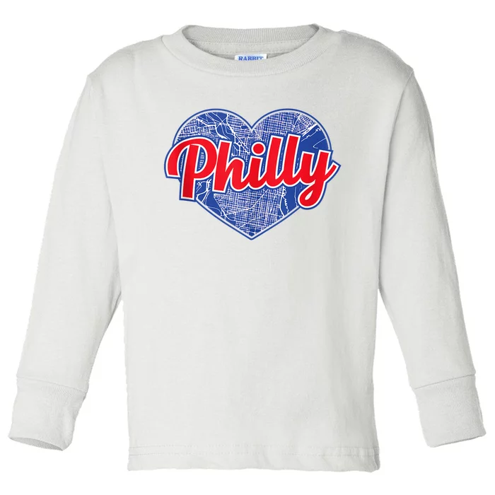 Philadelphia Love Philly Baseball Heart Philadelphia City Map Vintage Phill Toddler Long Sleeve Shirt