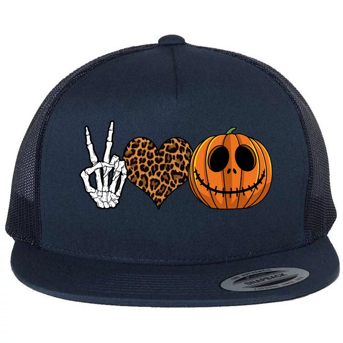 Peace Love Pumpkin Halloween Funny Peace Love Halloween Meaningful Gift Flat Bill Trucker Hat