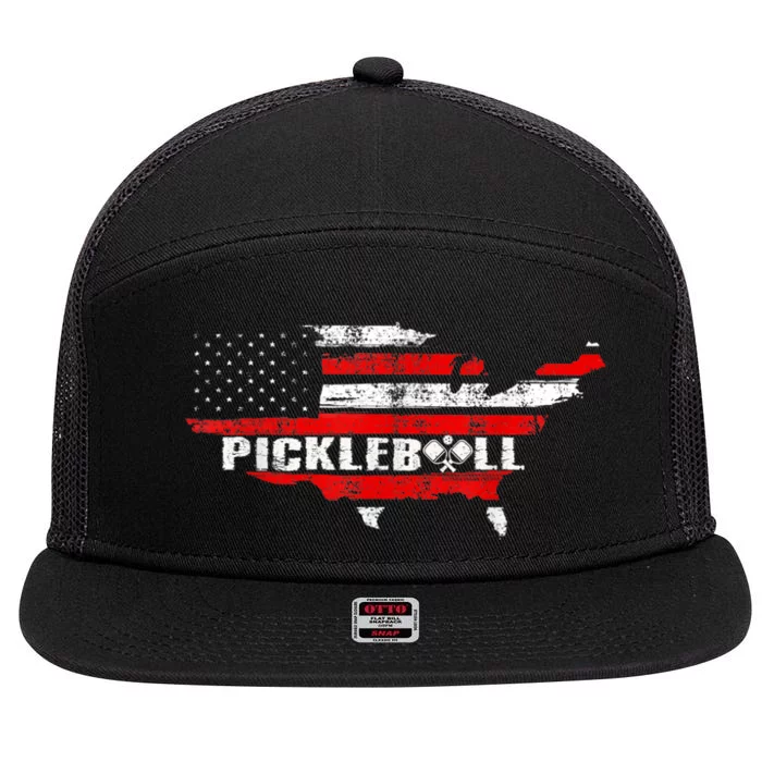 Pickleball Lover Pickle Ball Patriotic US Flag Pickleball 7 Panel Mesh Trucker Snapback Hat