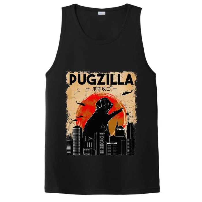 Pug Lover, Pugzilla, Funny Pug, Funny Dog, Pug Art, Pug Performance Tank