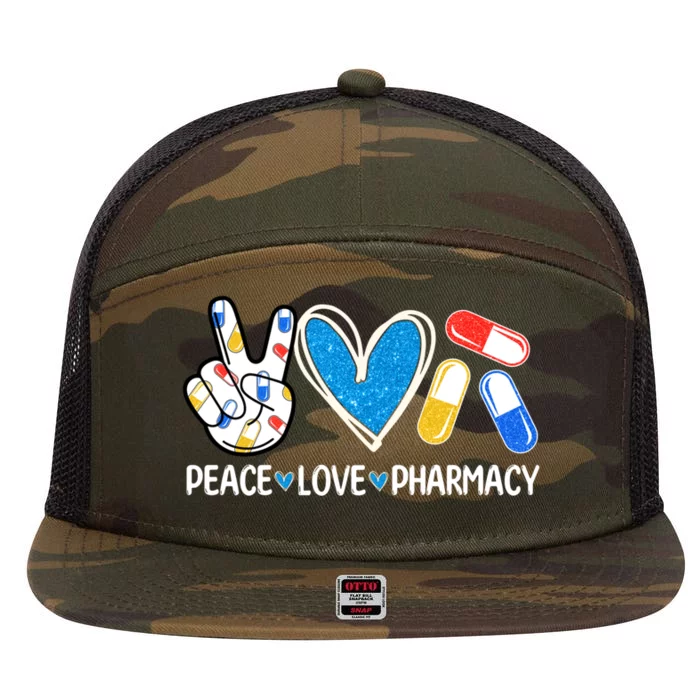 Peace Love Pharmacy Funny Pharmacy Tech Pharmacist Gift 7 Panel Mesh Trucker Snapback Hat