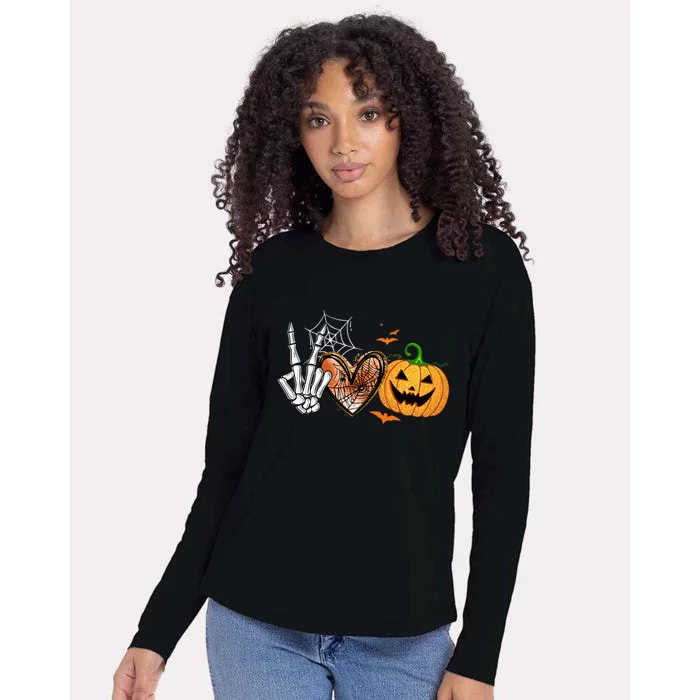 Peace Love Pumpkin Skeleton Halloween Costume Gift Womens Cotton Relaxed Long Sleeve T-Shirt