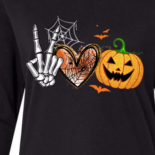 Peace Love Pumpkin Skeleton Halloween Costume Gift Womens Cotton Relaxed Long Sleeve T-Shirt