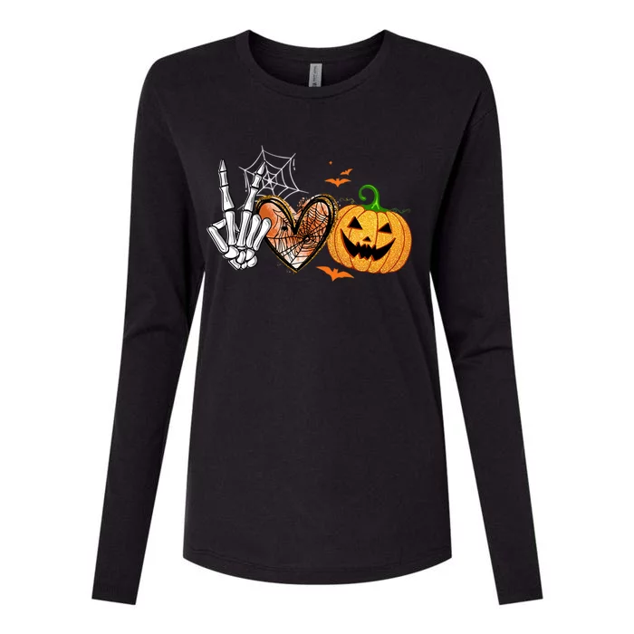 Peace Love Pumpkin Skeleton Halloween Costume Gift Womens Cotton Relaxed Long Sleeve T-Shirt