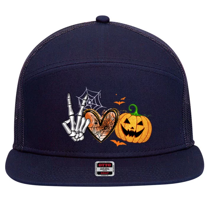 Peace Love Pumpkin Skeleton Halloween Costume Gift 7 Panel Mesh Trucker Snapback Hat