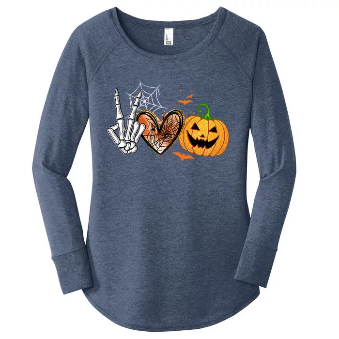 Peace Love Pumpkin Skeleton Halloween Costume Gift Women's Perfect Tri Tunic Long Sleeve Shirt