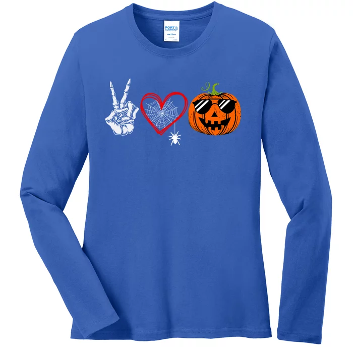 Peace Love Pumpkin Skeleton Halloween Costume Funny Gift Ladies Long Sleeve Shirt