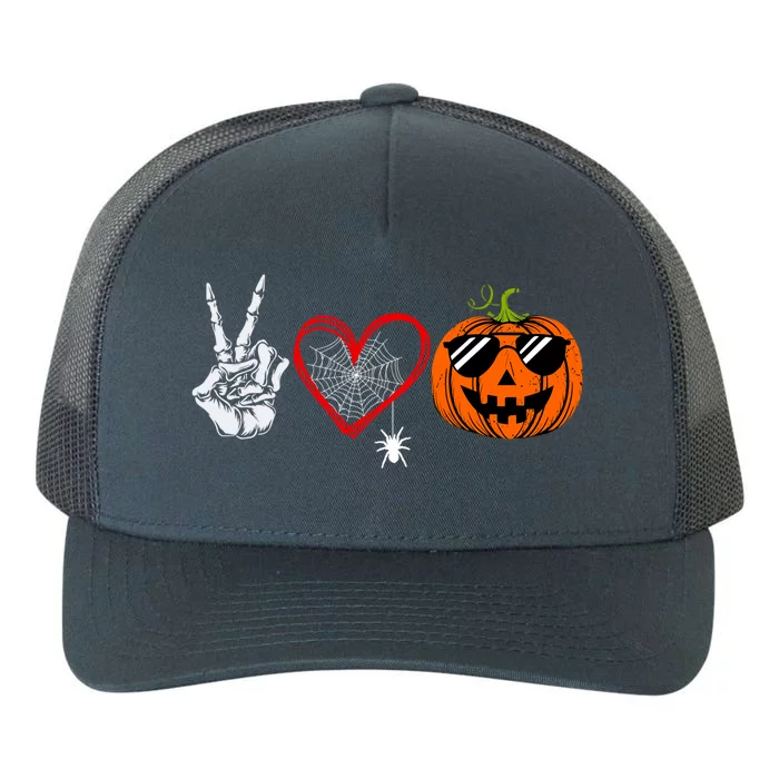 Peace Love Pumpkin Skeleton Halloween Costume Funny Gift Yupoong Adult 5-Panel Trucker Hat