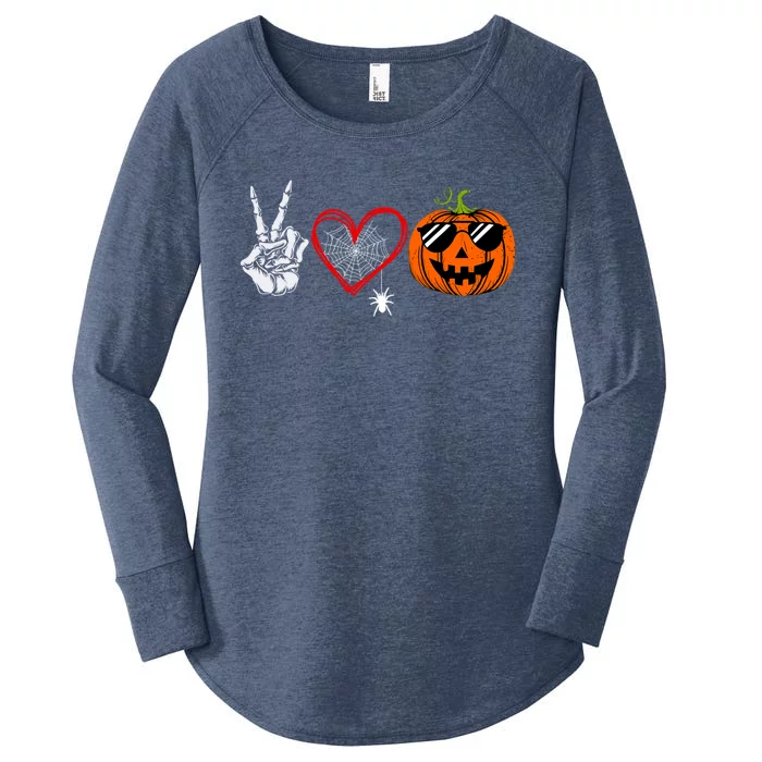 Peace Love Pumpkin Skeleton Halloween Costume Funny Gift Women's Perfect Tri Tunic Long Sleeve Shirt