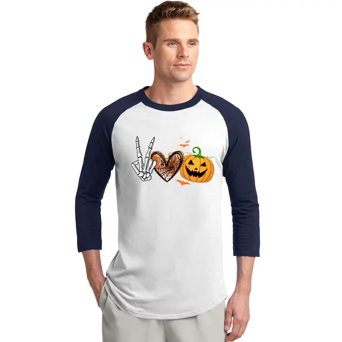 Peace Love Pumpkin Skeleton Halloween Costume Gift Baseball Sleeve Shirt