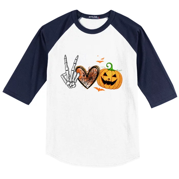 Peace Love Pumpkin Skeleton Halloween Costume Gift Baseball Sleeve Shirt