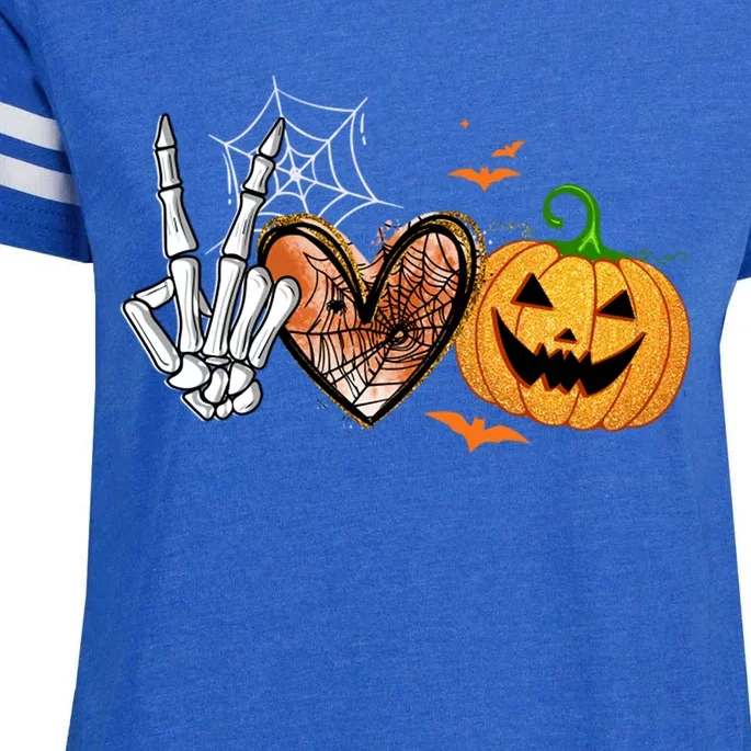 Peace Love Pumpkin Skeleton Halloween Costume Gift Enza Ladies Jersey Football T-Shirt