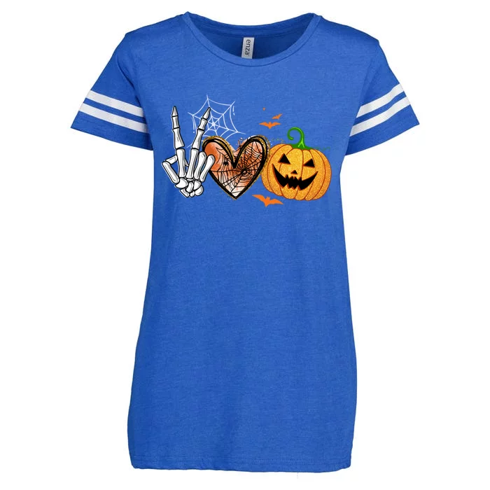 Peace Love Pumpkin Skeleton Halloween Costume Gift Enza Ladies Jersey Football T-Shirt