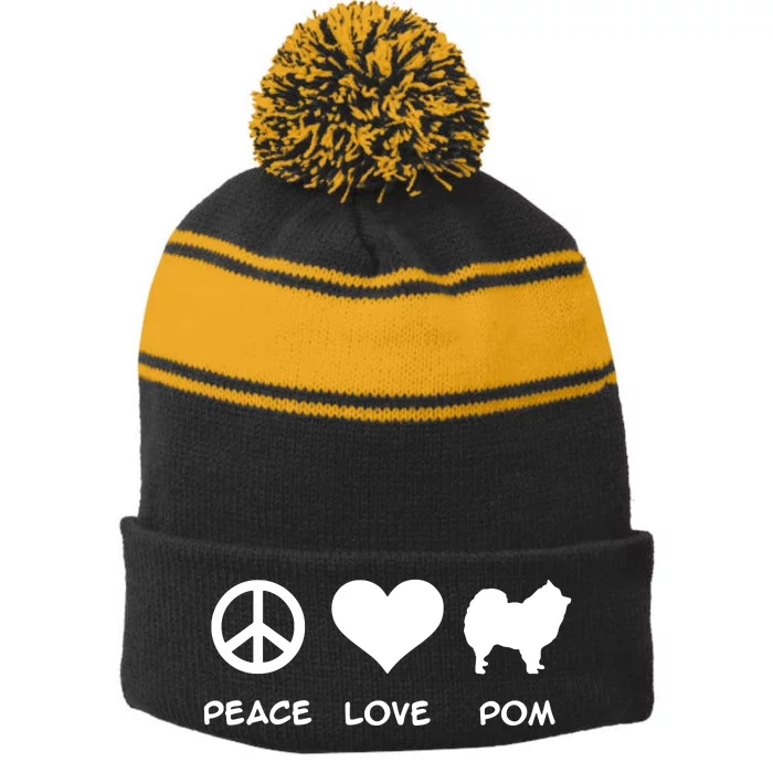 Peace Love Pomeranian Stripe Pom Pom Beanie