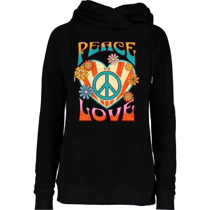 Peace Love Peace Sign 60s 70s Hippie Style Womens Funnel Neck Pullover Hood