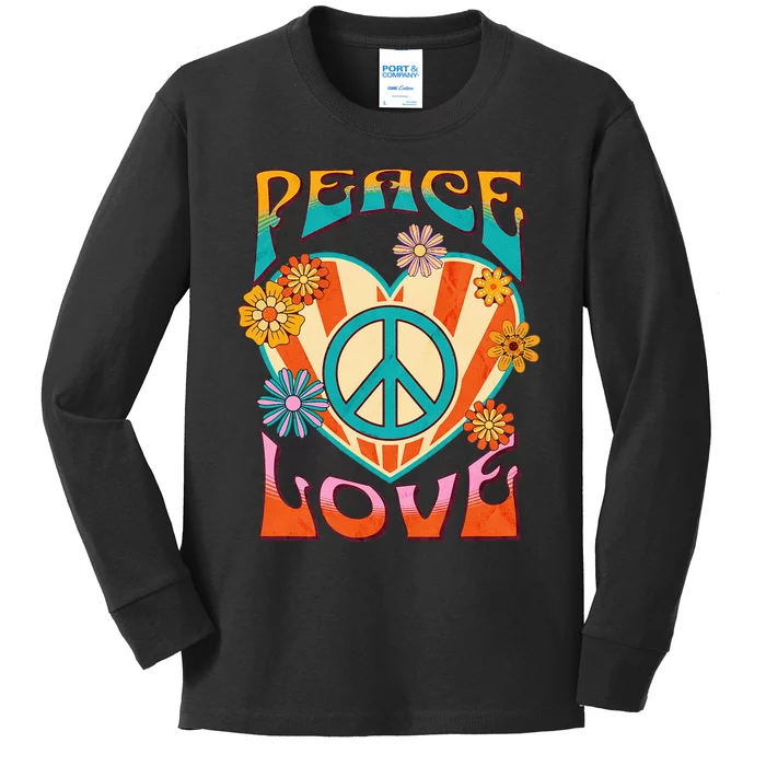 Peace Love Peace Sign 60s 70s Hippie Style Kids Long Sleeve Shirt