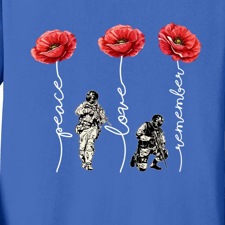 Peace Love Remember Red Poppy Flower Soldier Veteran Day Gift Kids Long Sleeve Shirt