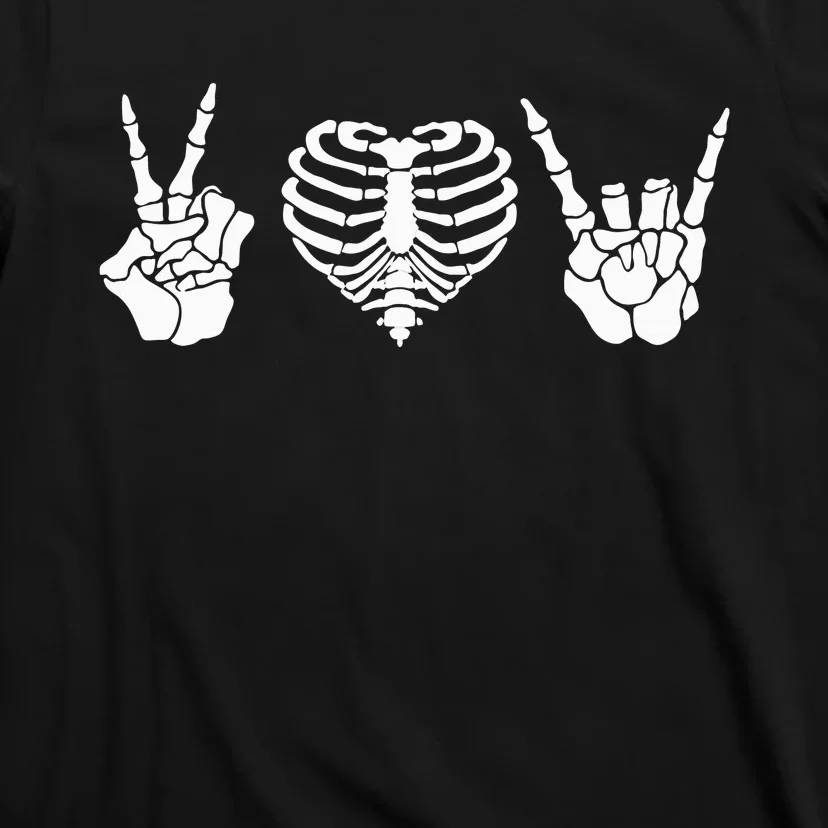 Peace Love Rock & Roll Skeleton Hand Halloween Music Concert T-Shirt