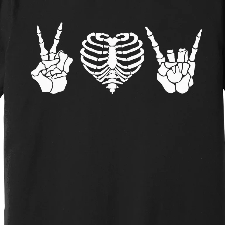 Peace Love Rock & Roll Skeleton Hand Halloween Music Concert Premium T-Shirt